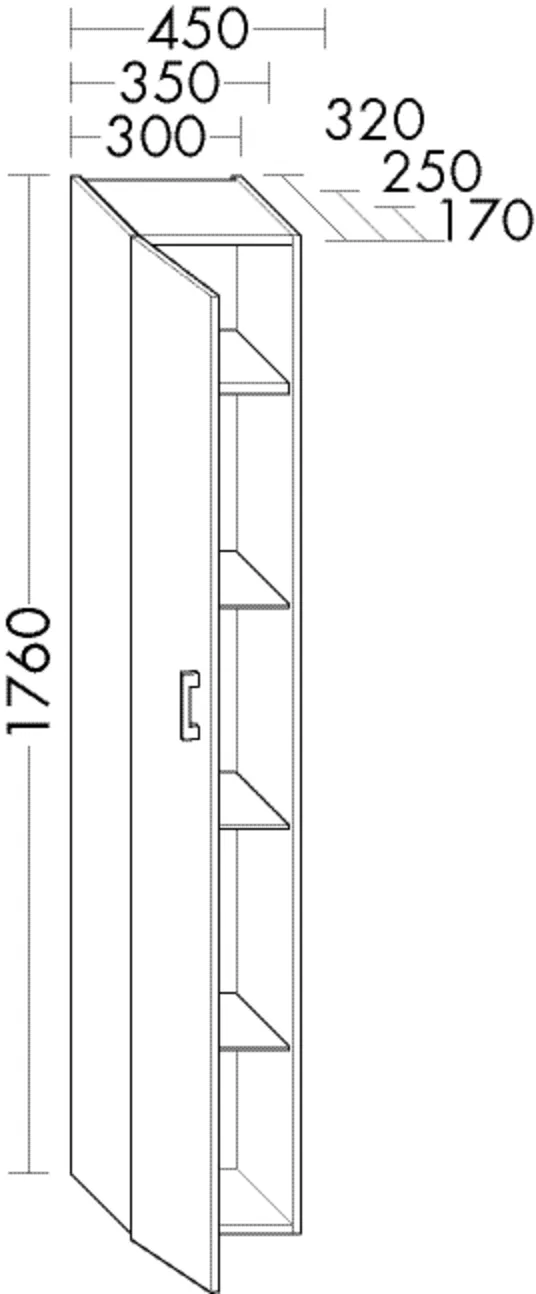 Hochschrank, 1 Tür;3 Glaseinlegeböden;1 fester Boden;1 Bademantelhaken, Tiefe: 320 mm, Breite: 350 mm, Höhe: 1760 mm
