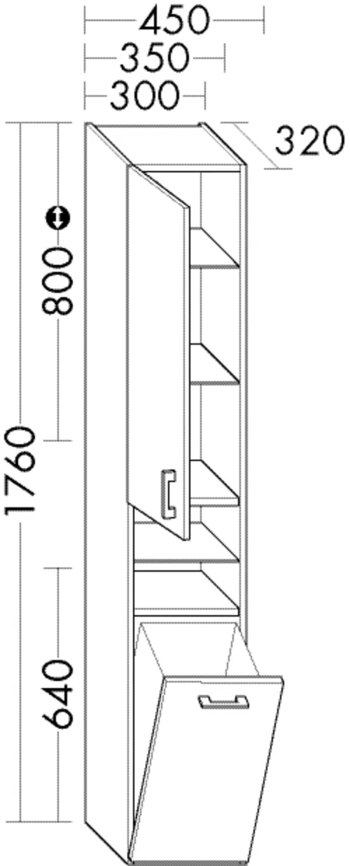 Hochschrank, 1 Tür;1 Wäschekippe;3 Glaseinlegeböden;2 feste Böden, Tiefe: 320 mm, Breite: 450 mm, Höhe: 1760 mm