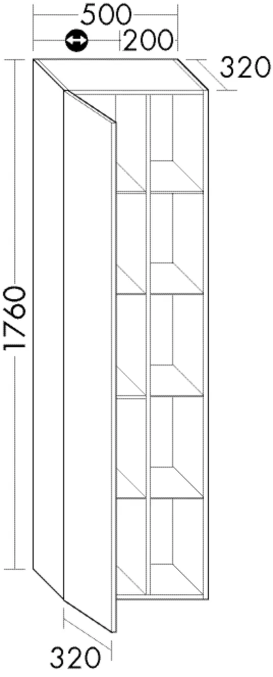 Hochschrank, 1 Tür, wird durch Überstand geöffnet;4 Glaseinlegeböden;1 feste Mittelseite;1 Regal mit 4 Einlegeböden, Tiefe: 320 mm, Breite: 500 mm, Höhe: 1760 mm