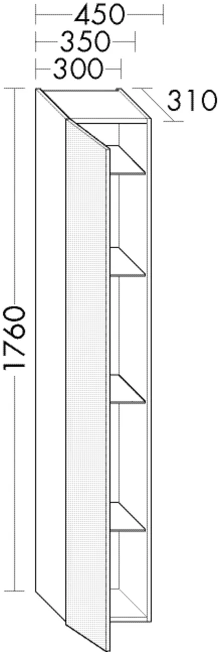 Hochschrank, 1 Spiegeltür, beidseitig verspiegelt;mit aufgeklebtem Griff für Tip-On-Technik;4 Glaseinlegeböden, Tiefe: 310 mm, Breite: 450 mm, Höhe: 1760 mm
