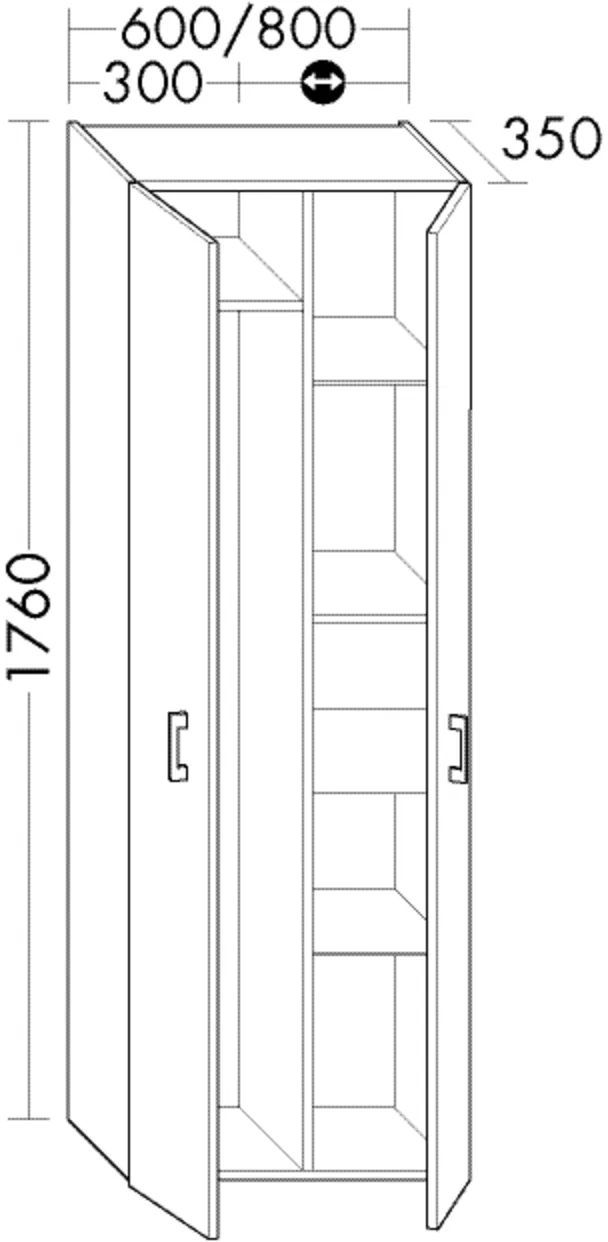 Hochschrank, 2 Türen;2 Einlegeböden;2 Innenschubladen;2 feste Böden;1 Kleiderstange mit 2 Haken, Tiefe: 350 mm, Breite: 600 mm, Höhe: 1760 mm