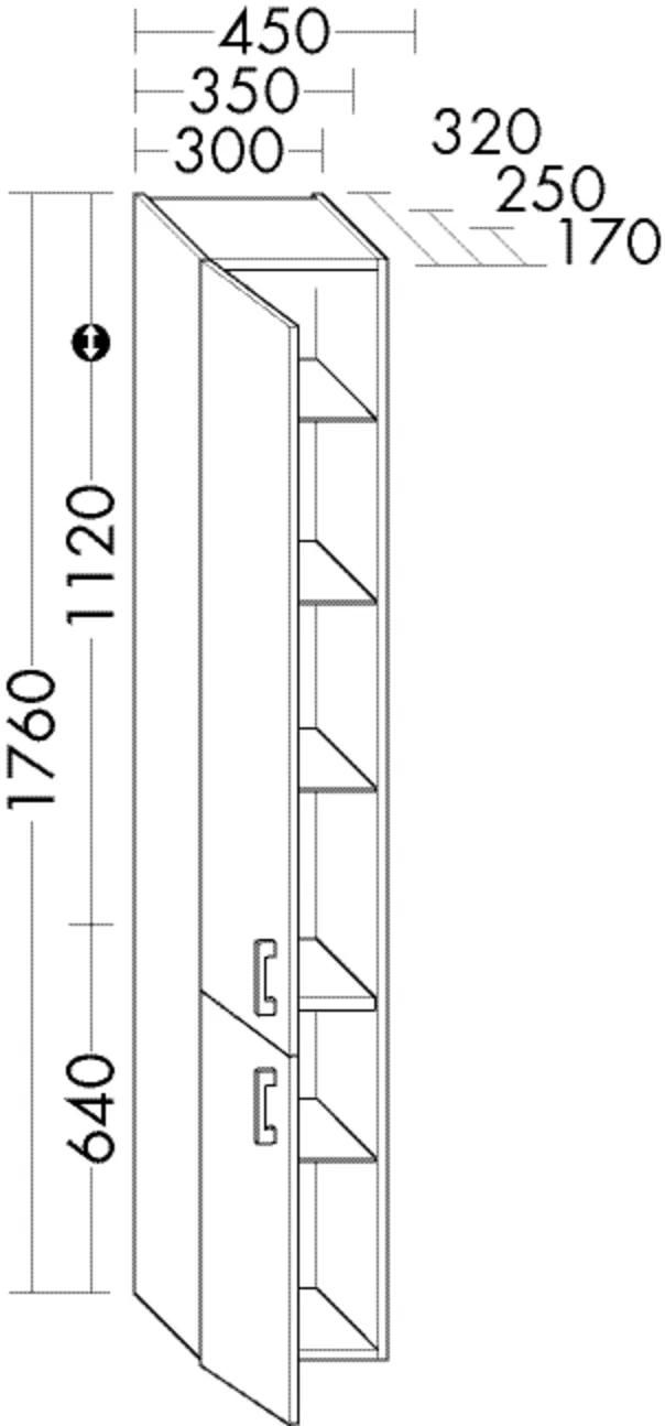 Hochschrank, 2 Türen;4 Glaseinlegeböden;1 fester Boden, Tiefe: 320 mm, Breite: 450 mm, Höhe: 1760 mm