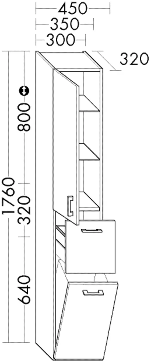 Hochschrank, 1 Tür;1 Auszug;1 Wäschekippe;2 Glaseinlegeböden;2 feste Böden, Tiefe: 320 mm, Breite: 450 mm, Höhe: 1760 mm