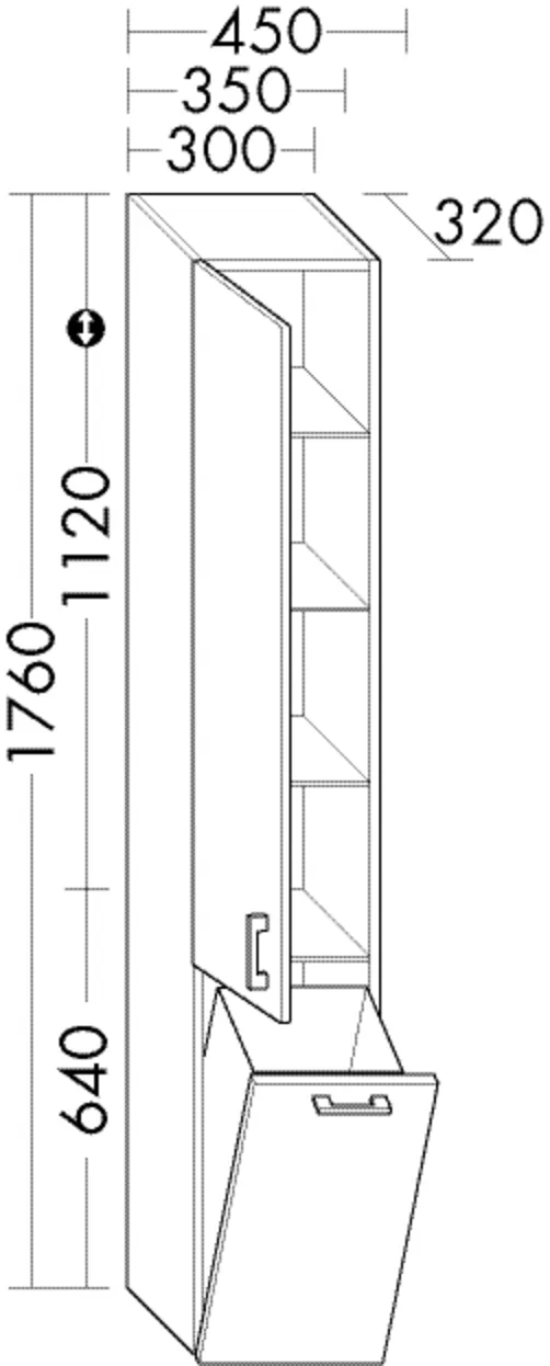 Hochschrank, 1 Tür;1 Wäschekippe;3 Glaseinlegeböden;1 fester Boden, Tiefe: 320 mm, Breite: 450 mm, Höhe: 1760 mm