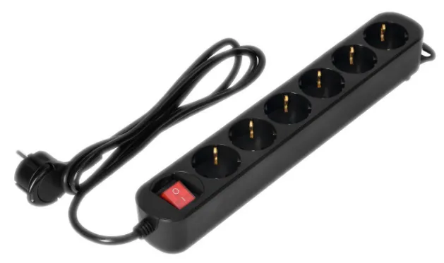 6-fach 2P+Z(Schuko) Verlängerungskabel, mit Schalter, 3m H05VV-F 3x1,0mm2, Imax=10A, Flachstecker, schwarz