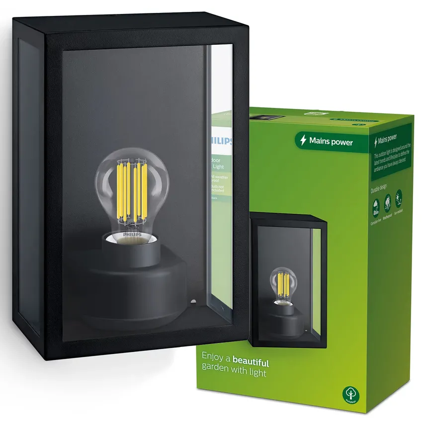 ALZOR E27 Außenfassaden-Wandleuchte IP44 schwarz Philips