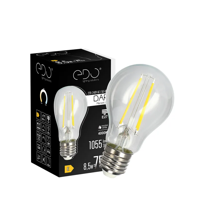 Dekorative Glühbirne DARI LED Filament 8,5W, E27, 4000K, 1055lm, 230V, CLEAR A60, EDO777630 EDO Solutions
