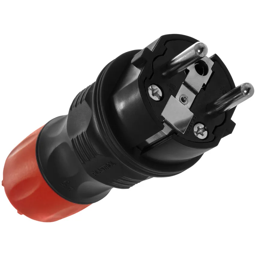 Demontierbarer gerader Stecker Uni Schuko EXTREM 2p+Z, 16A; IP 54; schwarz-rot