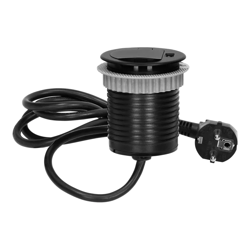 Einbausteckdose für Möbel Ø6cm mit Abdeckung, USB-Ladegerät und 1,8m Kabel, 1x2P+Z (Schuko), 1xUSB (Typ A, 2,4A), schwarz