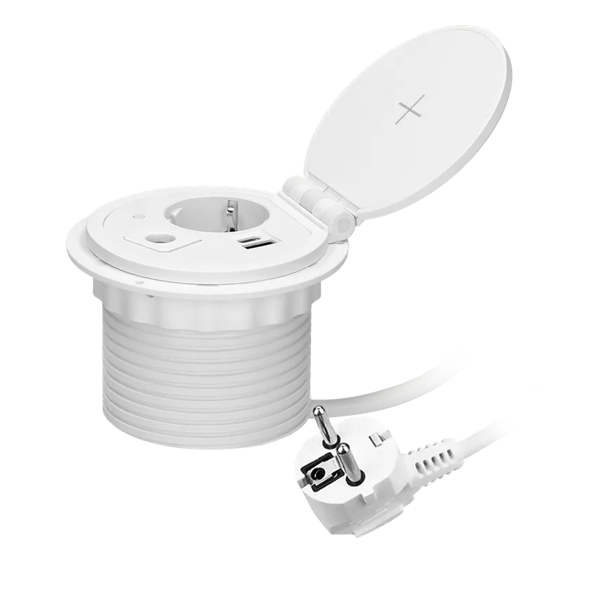 Einbausteckdose für Möbel Ø8cm mit induktivem Ladegerät, USB-Ladegerät mit 2 A- und C-Buchsen, Kabeldurchführung und 1,8m Kabel, 1x2P+Z (Schuko), 2xUSB (Typ A+C, 2,4A), weiß