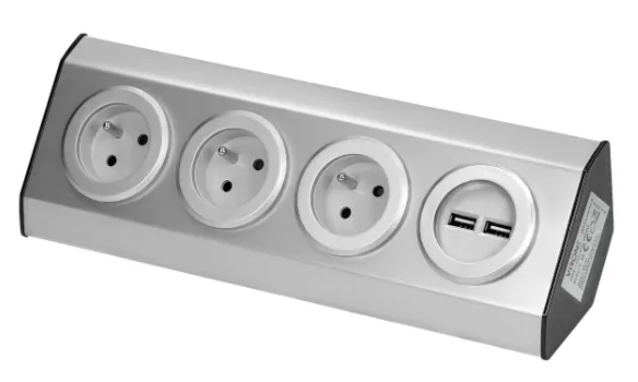 Klettverschluss-Steckdose für Küchenmöbel mit USB-Ladegerät - 3x2P+Z, 2xUSB, INOX.