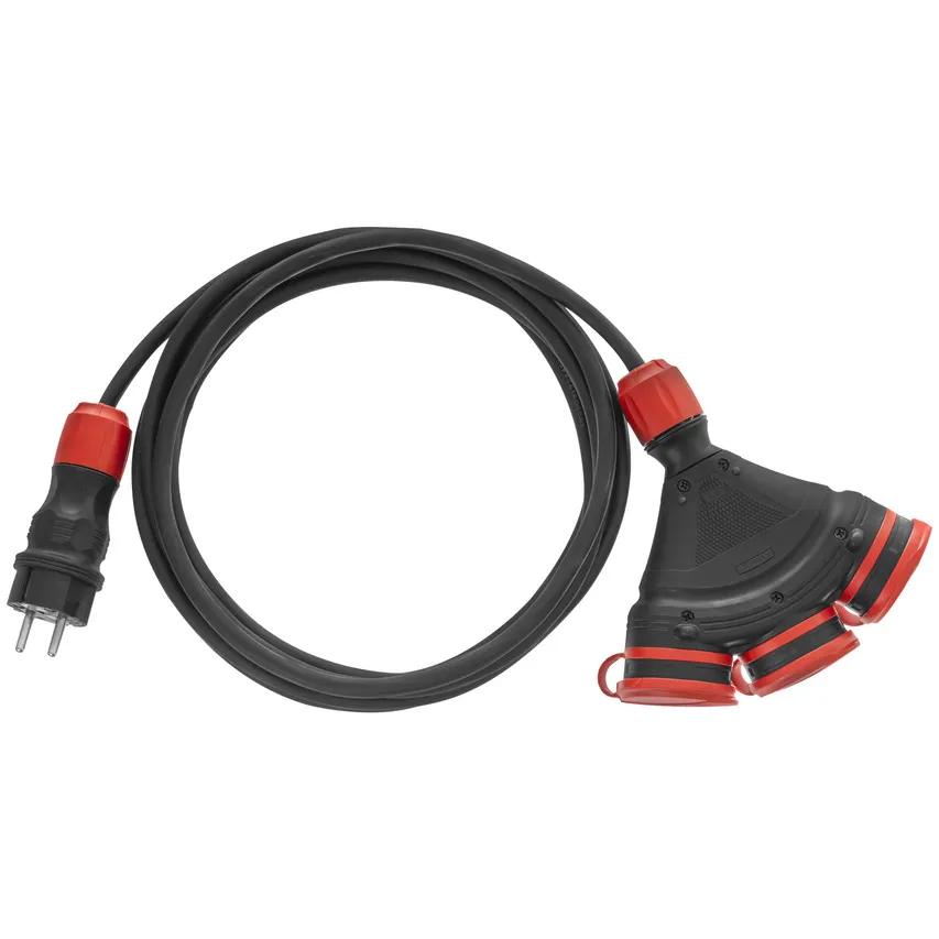 Konstruktion 3-Steckdosen-Verlängerungskabel; IP54; 16A ; H05RR-F; 3x1,5; 5m; SCHWARZ/ROT