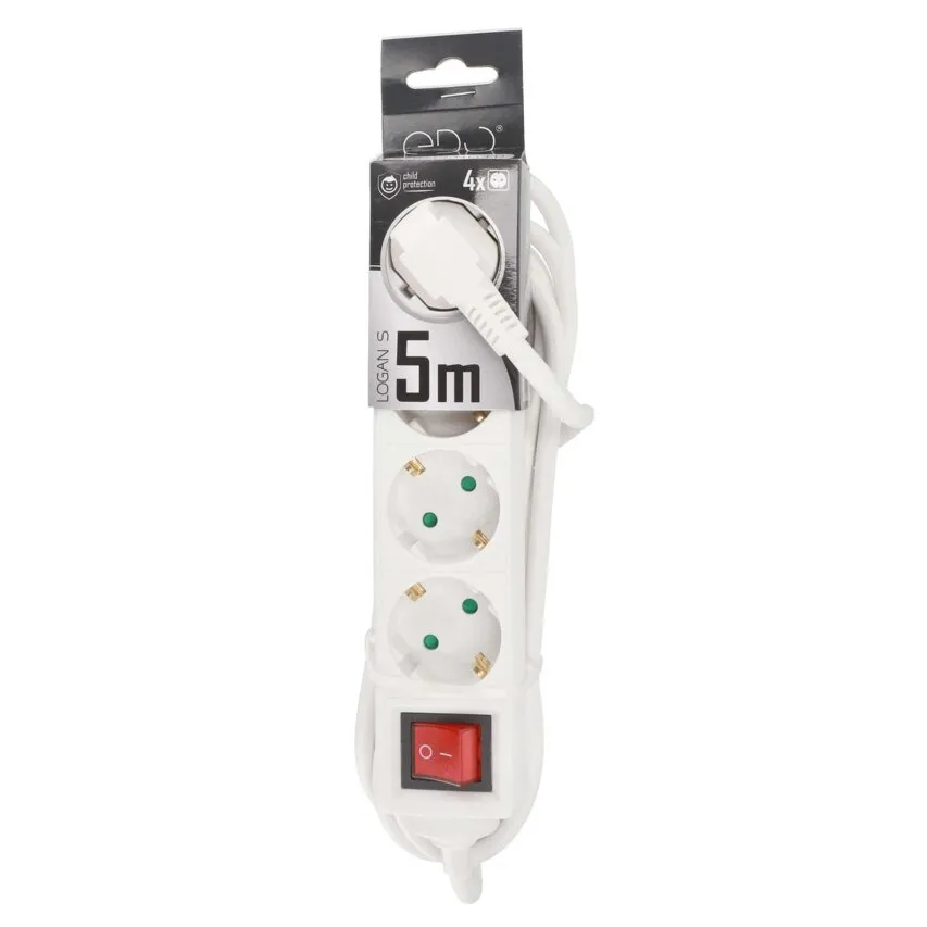 LOGAN S Weißes 4-fach Schuko-Haushaltsverlängerungskabel 5m mit Schalter EDO777579