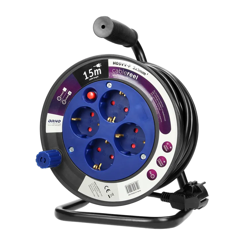 MINI-Verlängerungskabel, 4 Steckdosen 2P+Z (Schuko), Metallständer, PVC H05VV-F 3x1.5mm2 - 15m