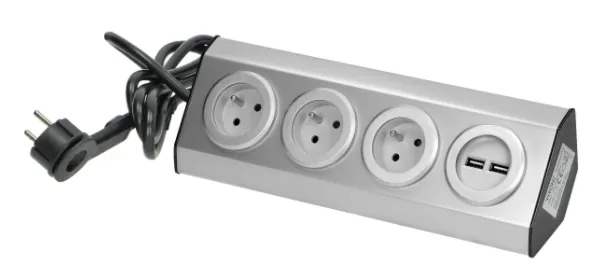 Möbel, Küchensteckdose mit USB-Ladegerät, Kletthalterung mit 1,5m Kabel - 3x2P+Z, 2xUSB, INOX mit 1,5m Kabel.