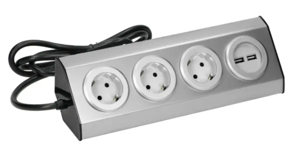 Möbel, Küchensteckdose mit USB-Ladegerät, Kletthalterung mit 1,5m Kabel - 3x2P+Z schuko, 2xUSB, INOX mit 1,5m Kabel.