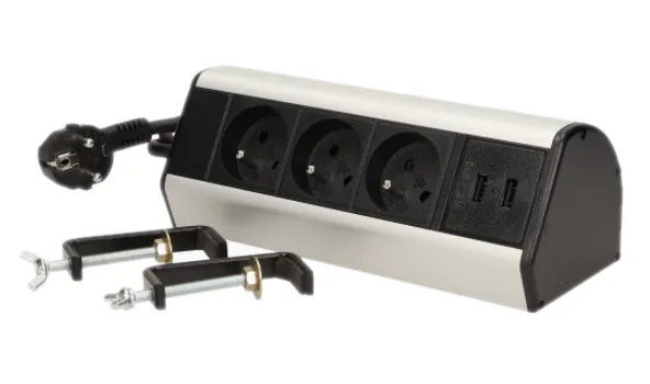 Möbeldose mit Schraubklemmen, USB-Ladegerät und 1,8m Kabel, 3x2P+Z, 2xUSB