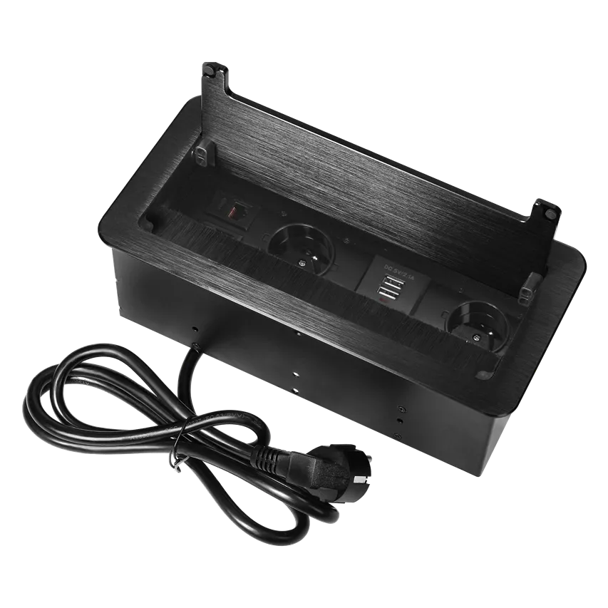 Möbeleinbaudose mit flach gefrästem Rand, Staubpinsel, USB-Ladegerät und 1,5 m Kabel, 2x2P+Z, 2xUSB (Typ A, 2,1A), 2xNET, schwarz