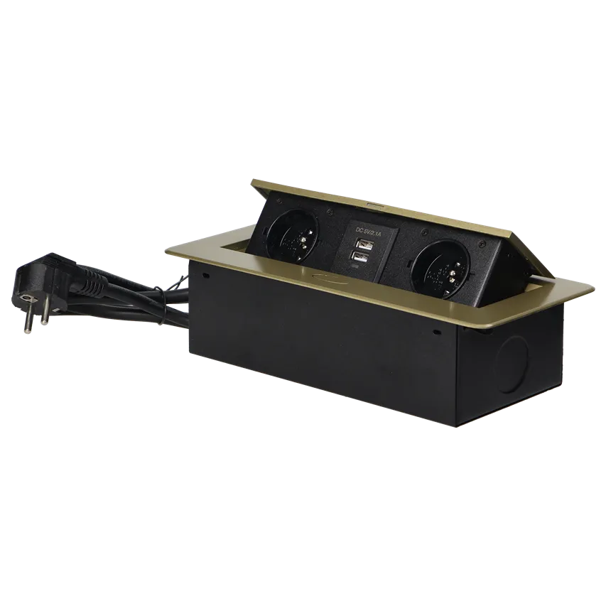 Möbeleinbaudose mit flach gefrästem Rand, USB-Ladegerät und 1,5 m Kabel, 2x2P+Z, 2xUSB (Typ A, 2,1A), Messing