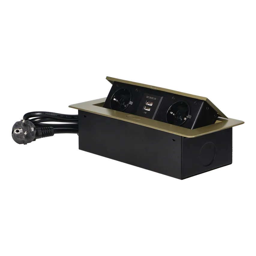 Möbeleinbaudose mit flach gefrästem Rand, USB-Ladegerät und 1,5 m Kabel, 2x2P+Z (Schuko), 2xUSB (Typ A, 2,1A), Messing