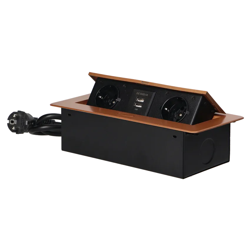 Möbeleinbaudose mit flach gefrästem Rand, USB-Ladegerät und 1,5 m Kabel, 2x2P+Z (Schuko), 2xUSB (Typ A, 2,1A), gold