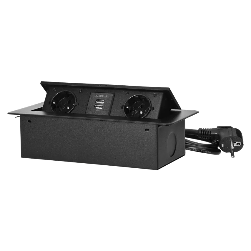 Möbeleinbaudose mit flach gefrästem Rand, USB-Ladegerät und 1,5 m Kabel, 2x2P+Z (Schuko), 2xUSB (Typ A, 2,1A), schwarz