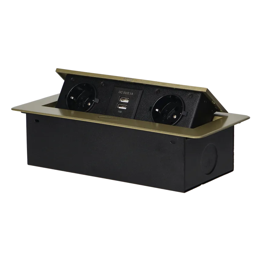 Möbeleinbaudose mit flachem Fräsrand und USB-Ladegerät, 2x2P+Z (Schuko), 2xUSB (Typ A, 2,1A), Messing