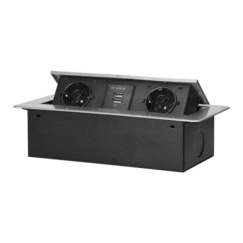 Möbeleinbaudose mit flachem Fräsrand und USB-Ladegerät, 2x2P+Z (Schuko), 2xUSB (Typ A, 2,1A), silber