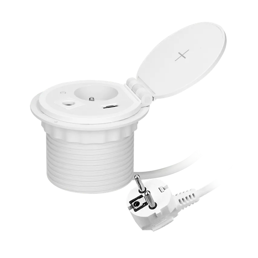 Möbeleinbausteckdose Ø8cm mit induktivem Ladegerät, USB-Ladegerät mit 2 A- und C-Buchsen, Kabeldurchführung und 1,8m Kabel, 1x2P+Z, 2xUSB (Typ A + C, 2,4A), weiß