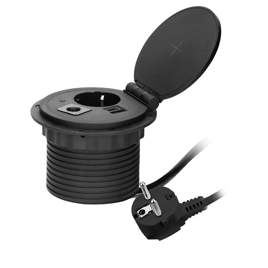 Möbeleinbausteckdose Ø8cm mit induktivem Ladegerät, USB-Ladegerät mit 2 A- und C-Buchsen, Kabeldurchführung und 1,8m Kabel, 1x2P+Z (Schuko), 2xUSB (Typ A+C, 2,4A), schwarz