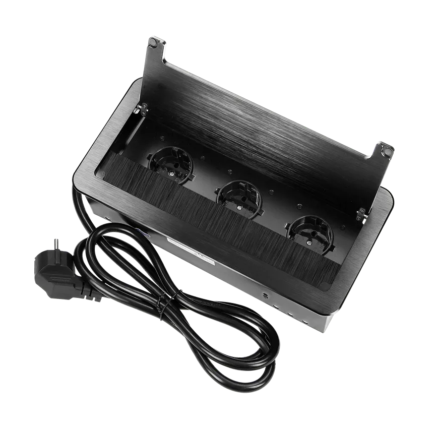 Möbeleinbausteckdose mit Flachfräsung, Staubpinsel und 1,5 m Kabel, 3x2P+Z (Schuko), schwarz