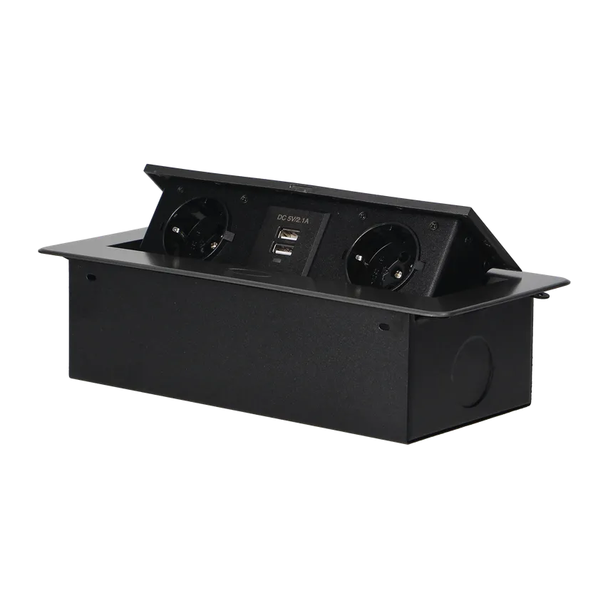 Möbeleinbausteckdose mit Flachfräsung und USB-Ladegerät, 2x2P+Z (Schuko), 2xUSB (Typ A, 2,1A), graphit