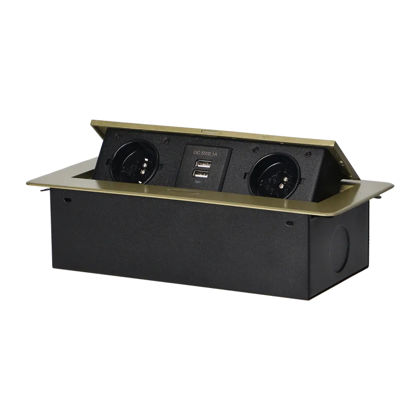 Möbeleinbausteckdose mit flachem Fräsrand und USB-Ladegerät, 2x2P+Z, 2xUSB (Typ A, 2,1A), Messing