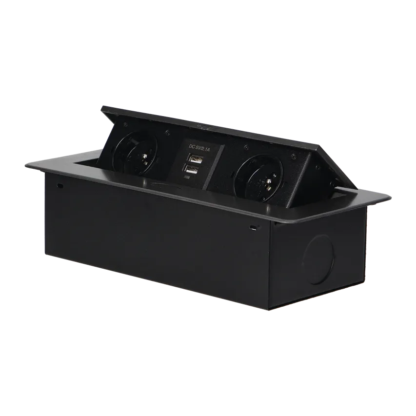 Möbeleinbausteckdose mit flachem Fräsrand und USB-Ladegerät, 2x2P+Z, 2xUSB (Typ A, 2,1A), graphit