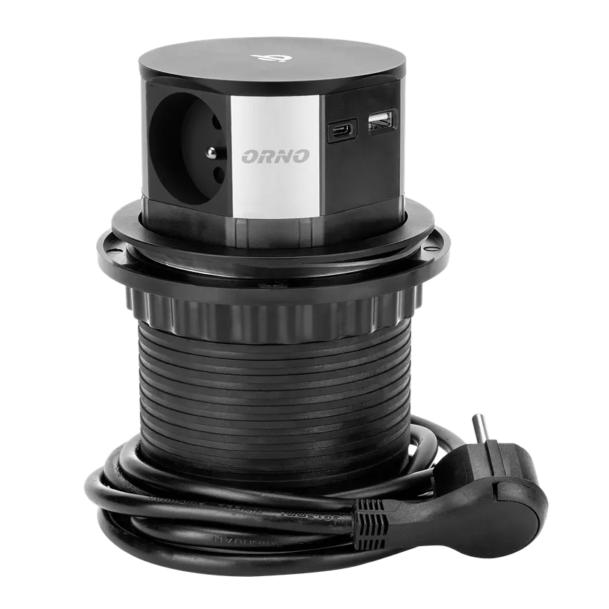 Möbelsteckdose Ø10cm ausziehbar aus Arbeitsplatte mit induktivem Ladegerät, USB-Ladegerät und 1,5m Kabel, 3x2P+Z, Qi 1.2.4 max. 10W, 2xUSB QC 3.0