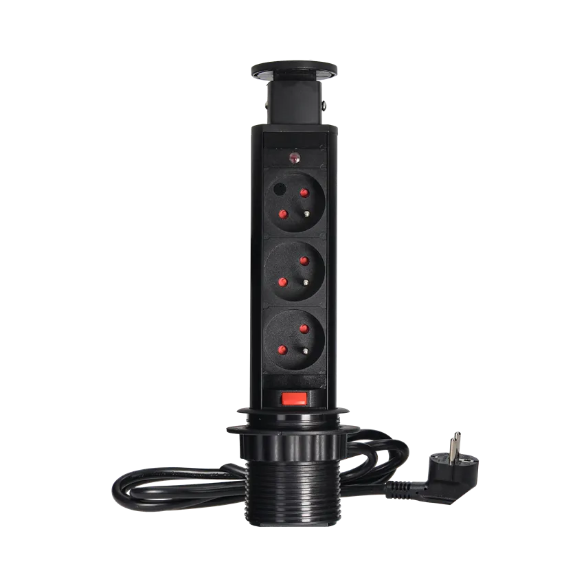 Möbelsteckdose Ø6cm ausziehbar aus Tischplatte mit Schloss und 1,8m Kabel, 3x2P+Z, schwarz