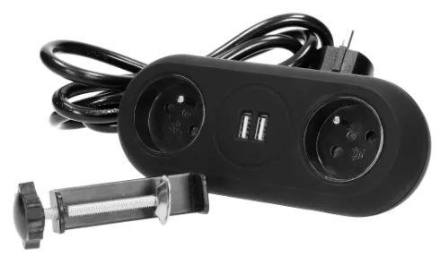 Möbelsteckdose mit Halterung, USB-Ladegerät, 2 Steckdosen 2P+Z, 2xUSB (Typ A, 2,4A), Kabel 3x1,0mm2 - 1,4m, schwarz