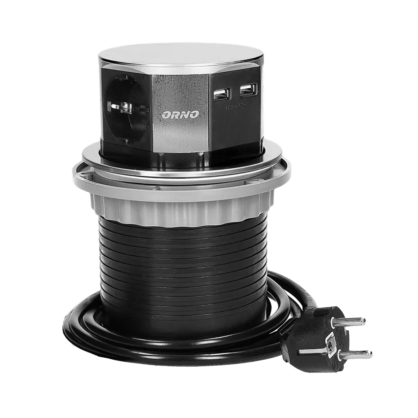 Ø10cm ausziehbare Möbeldose mit USB-Ladegerät und 1,5m Kabel, 3x2P+Z (Schuko), 2xUSB (Typ A, 2.1A), INOX