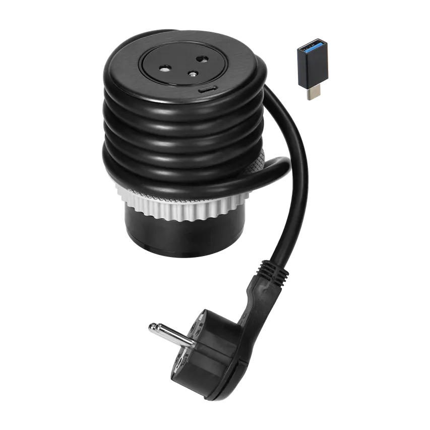 Ø6cm Möbeleinbaudose mit USB-Ladegerät mit Typ-C-Buchse und USB-C-A-Adapter und 1,5m Kabel. 1x2P+Z mit EasyEject-System, 1xUSB QC 3.0, schwarz