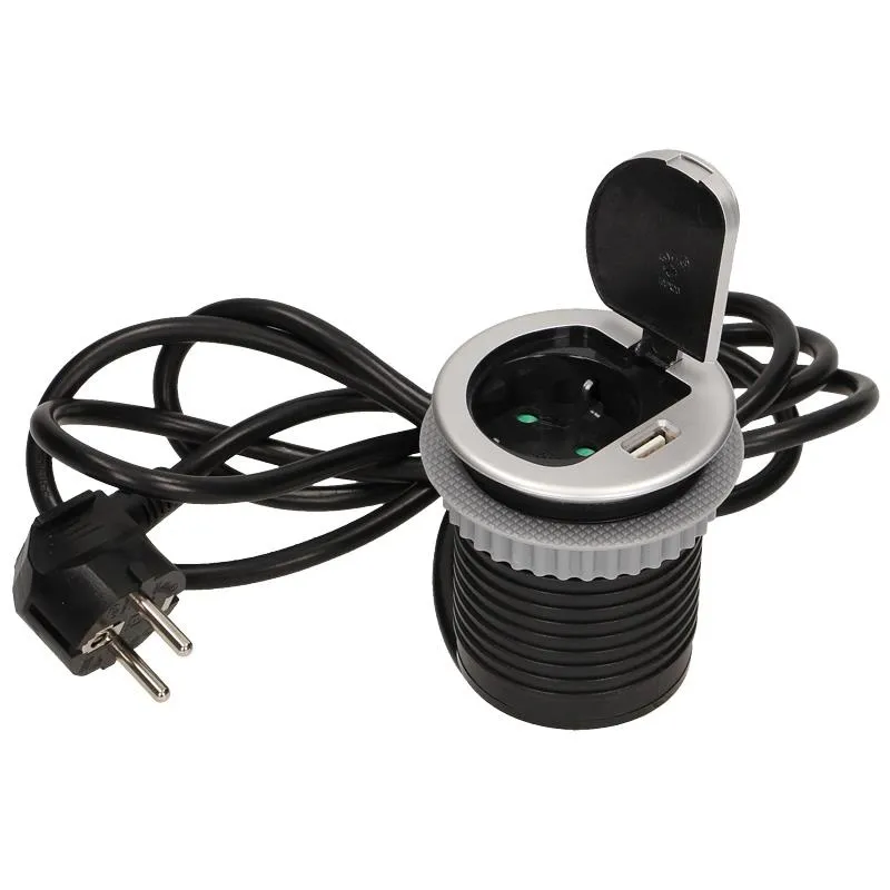 Ø6cm Möbeleinbausteckdose mit Abdeckung, USB-Ladegerät und 1,8m Kabel, 1x2P+Z (Schuko), 1xUSB (Typ A, 2,4A)