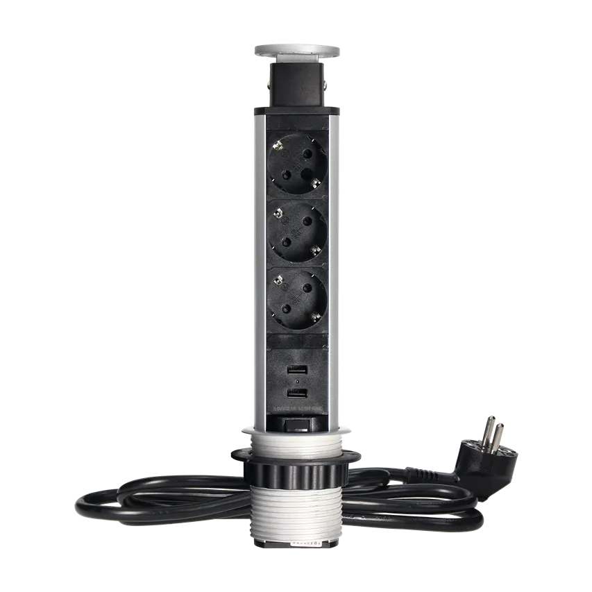 Ø6cm ausziehbare Möbeldose mit USB-Ladegerät, Verriegelung und 1,8m Kabel, 3x2P+Z (Schuko), 2xUSB (Typ A, 2,1A)