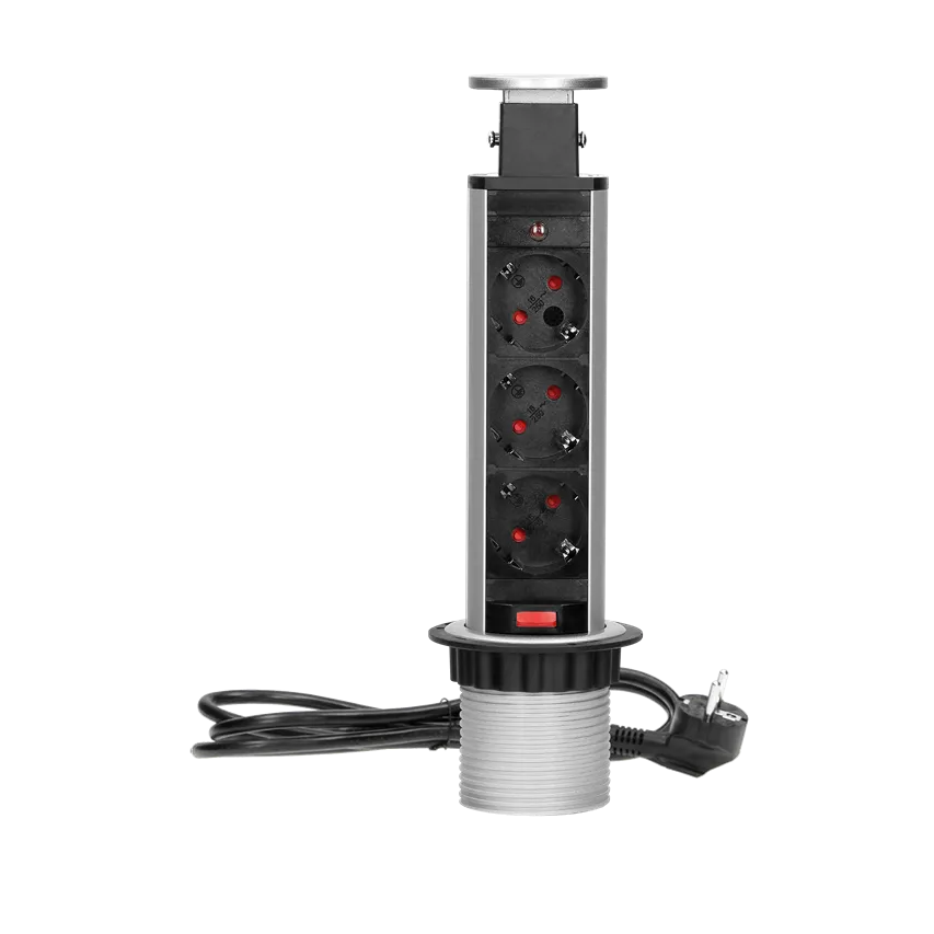 Ø6cm ausziehbare Möbelsteckdose mit Schloss und 1,8m Kabel, 3x2P+Z (Schuko)