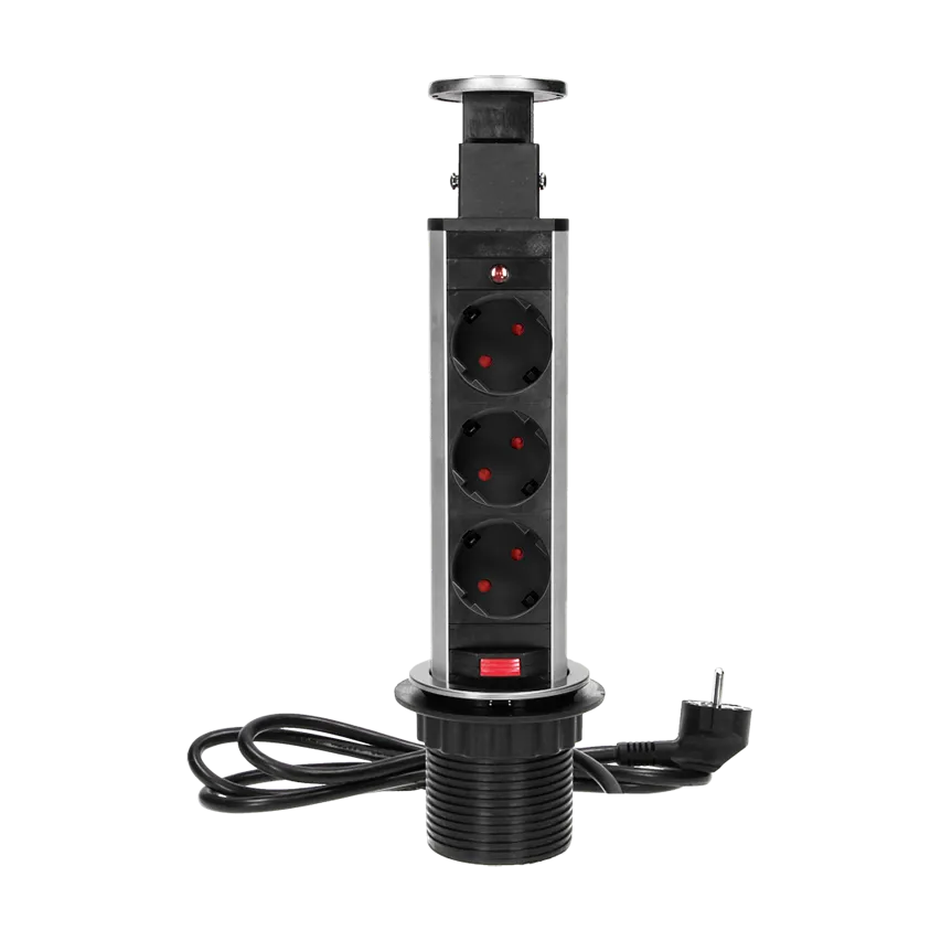 Ø6cm ausziehbare Möbelsteckdose mit Schloss und 1,8m Kabel, 3x2P+Z (Schuko), INOX