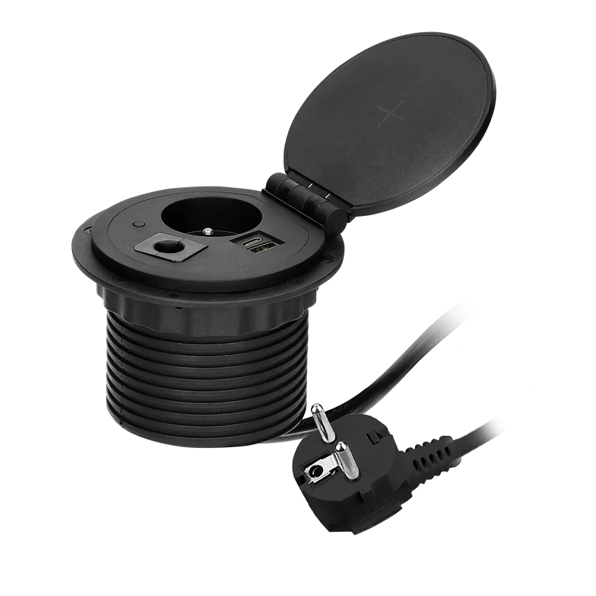 Ø8cm Möbeleinbausteckdose mit induktivem Ladegerät, USB-Ladegerät mit 2 A- und C-Buchsen, Kabeldurchführung und 1,8m Kabel, 1x2P+Z, 2xUSB (Typ A + C, 2,4A), schwarz