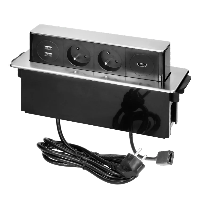 Schiebe-Möbelsteckdose mit flach gefrästem Rand, USB-Ladegerät und 2m Kabel, 2x2P+Z, 2 x USB (Typ A, 2,4A), HDMI, 3x1,5mm2, schwarz/silber, INOX