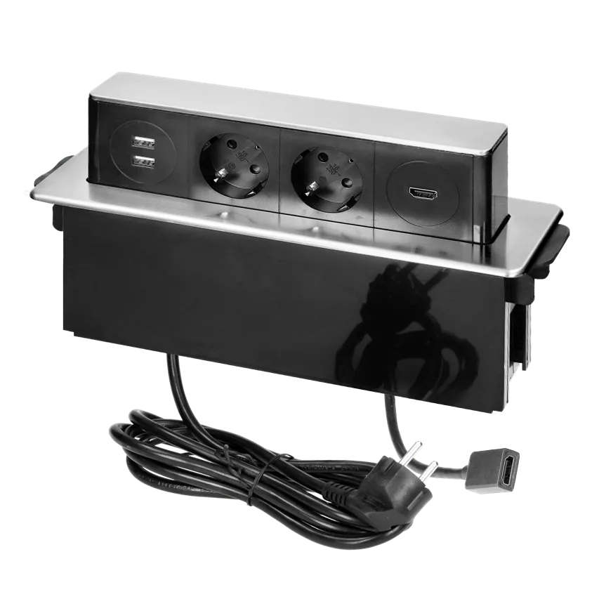 Schiebe-Möbelsteckdose mit flach gefrästem Rand, USB-Ladegerät und 2m Kabel, 2x2P+Z (Schuko), 2 x USB (Typ A, 2,4A), HDMI, 3x1,5mm2, schwarz/silber, INOX