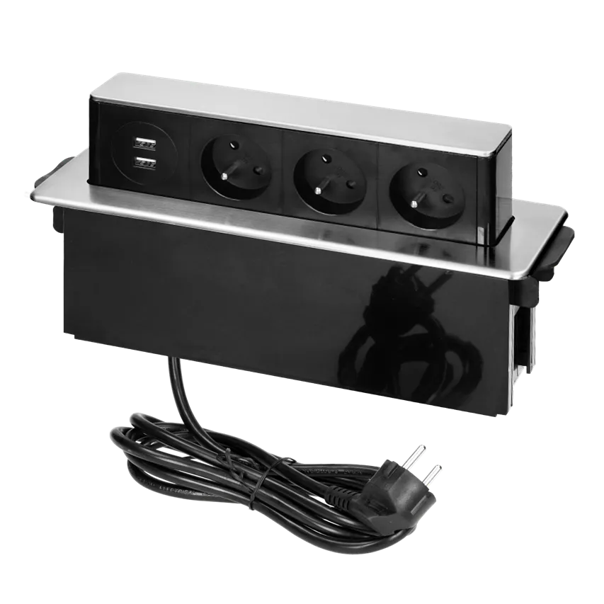 Schiebe-Möbelsteckdose mit flach gefrästem Rand, USB-Ladegerät und 2m Kabel, 3x2P+Z, 2 x USB (Typ A, 2,4A), 3x1,5mm2, schwarz/silber, INOX