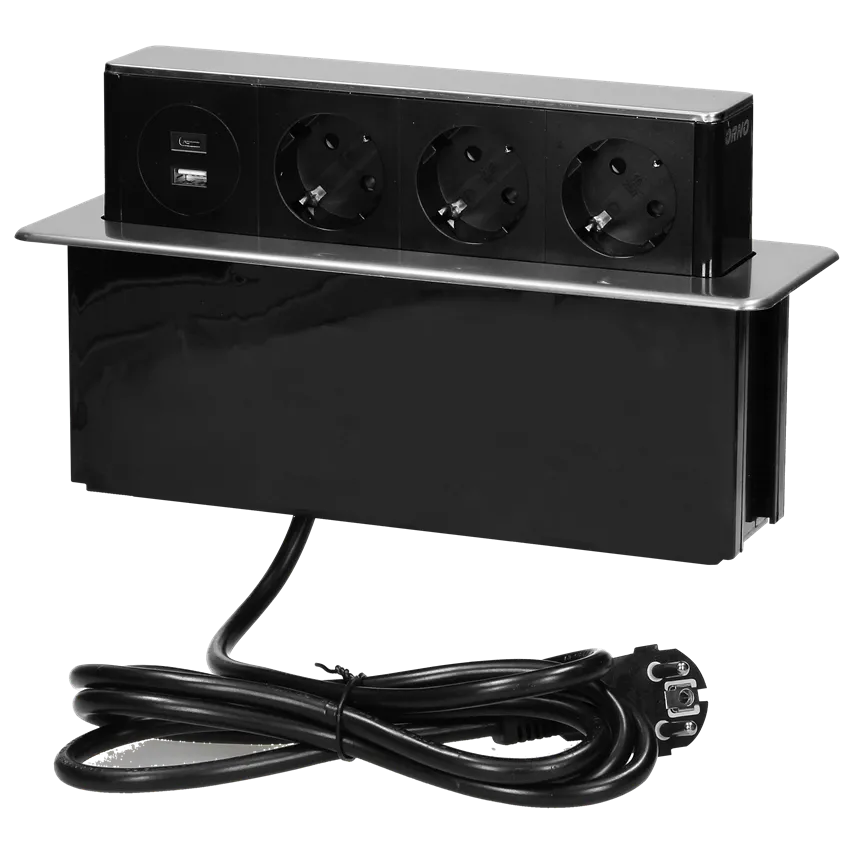 Schiebe-Möbelsteckdose mit flach gefrästem Rand, USB-Ladegerät und 2m Kabel, 3x2P+Z (Schuko), 2 x USB (Typ A + C 3,1A), 3x1,5mm2, schwarz/silber, INOX