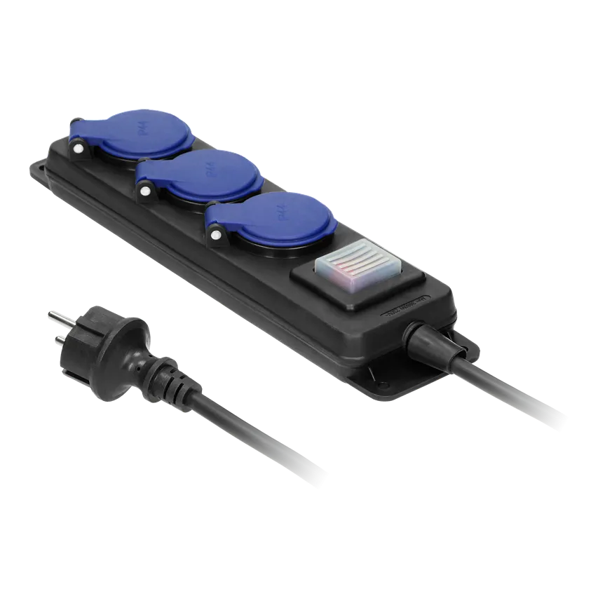 Spritzwassergeschütztes Verlängerungskabel IP44 mit Schalter, 3 Steckdosen 2P+Z IP44, Gummikabel, H05RR-F 3x1.5mm2, Länge 3m