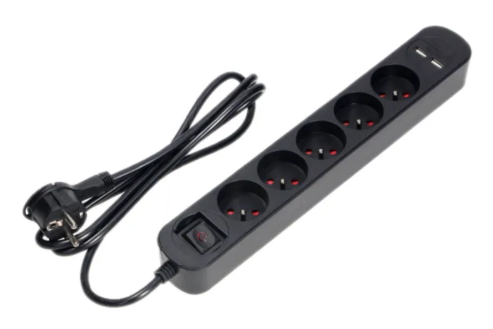 Überspannungsschutzleiste, 5 Steckdosen 2P+Z, Kabel 3x1,0mm2, Länge 1,5m, mit beleuchtetem Doppelschalter. 10A/230 VAC, Überspannungsschutz, 2xUSB 2.1A Ladegerät. Flachstecker